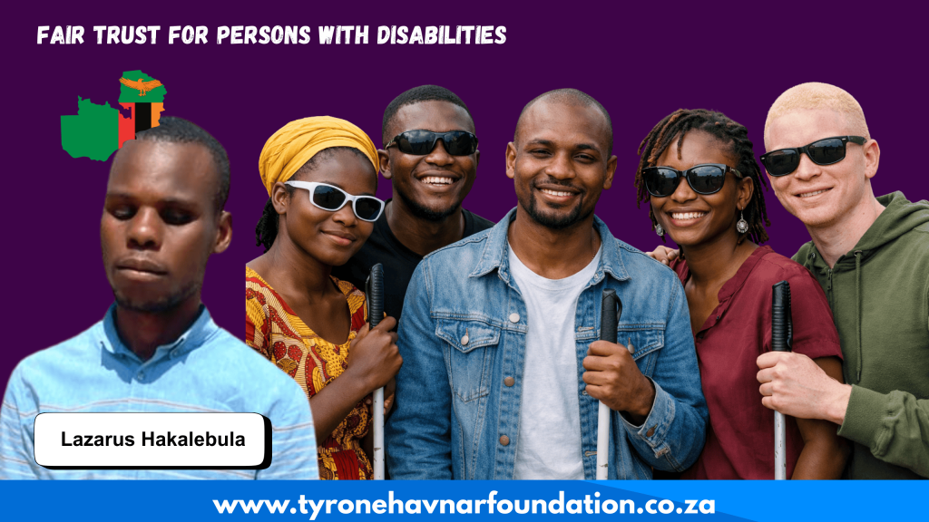 A banner showinf an image of Lazarus Hakalebula and a proposed 5 images of his beneficiaries, a lady wearing a yellow and red dress with dark shades and a white cane, a picture of a young man with dark shades smilling in the background, another young man with a blue jean jacket holding a cane, a lady with merron dress, brown and black dreadlogs, dark shades and stunning dangling ear rings, then finally a young man with albinism, wearing dark green sweater with hoodie, shadess and holding a white cane.